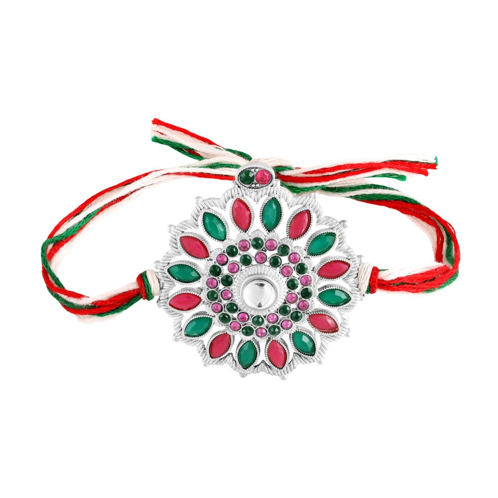 Mahi Multicolor Floral Rakhi for Brother | Silver-Toned Mandala Design with Green & Pink Stones on Tricolor Thread (RA1100832RMul)