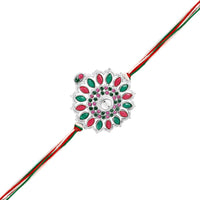 Mahi Multicolor Floral Rakhi for Brother | Silver-Toned Mandala Design with Green & Pink Stones on Tricolor Thread (RA1100832RMul)