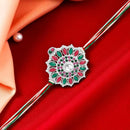 Mahi Multicolor Floral Rakhi for Brother | Silver-Toned Mandala Design with Green & Pink Stones on Tricolor Thread (RA1100832RMul)