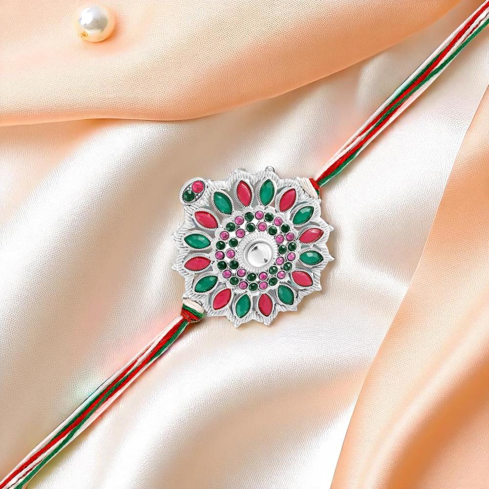 Mahi Multicolor Floral Rakhi for Brother | Silver-Toned Mandala Design with Green & Pink Stones on Tricolor Thread (RA1100832RMul)