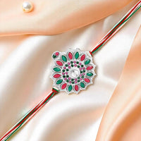 Mahi Multicolor Floral Rakhi for Brother | Silver-Toned Mandala Design with Green & Pink Stones on Tricolor Thread (RA1100832RMul)