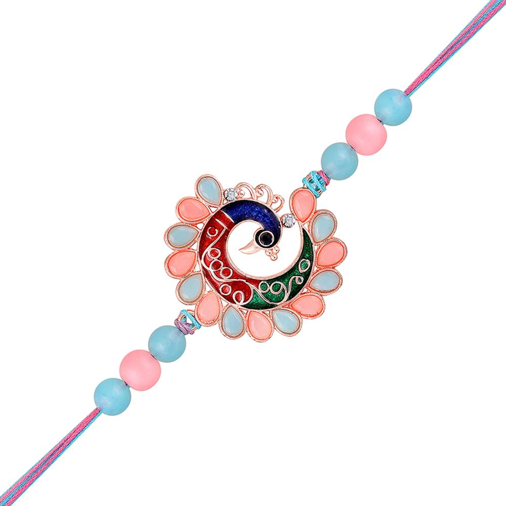 Mahi Colorful Peacock-Shaped Rakhi for Brother | Multicolor Meenakari Enamel Design with Beads on Rainbow Thread (RA1100842G)