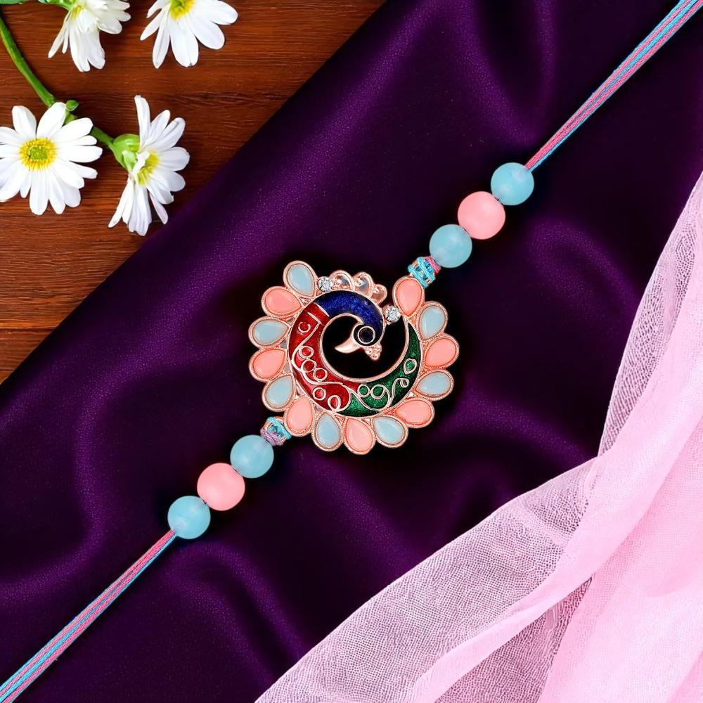 Mahi Colorful Peacock-Shaped Rakhi for Brother | Multicolor Meenakari Enamel Design with Beads on Rainbow Thread (RA1100842G)