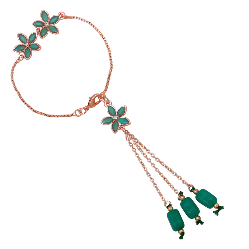 Mahi Rose Gold Plated Green Crystals Floral Lumba Rakhi for Bhabhi (RAL1100711ZGre)