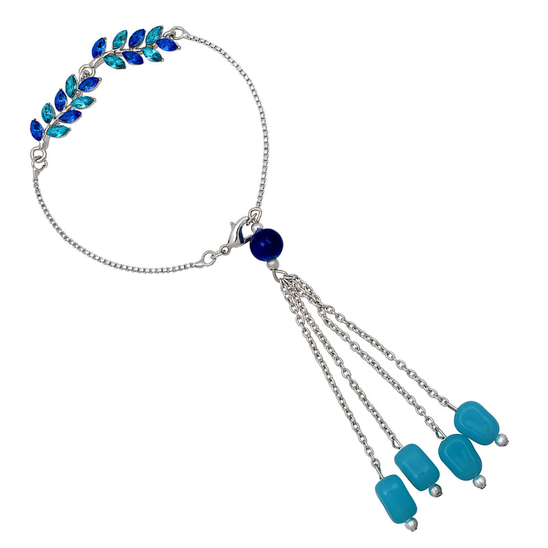 Mahi Light and Dark Blue Leafy Shape Crystals Lumba Rakhi for Bhabhi (RAL1100712RBlu)