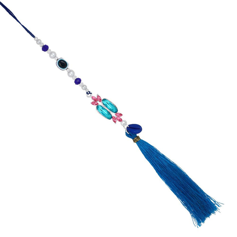 Mahi Rhodium Plated Simple and Classic Blue Crystals and Evil Eye Lumba Tassel Rakhi for Bhabhi (RAL1100801R)