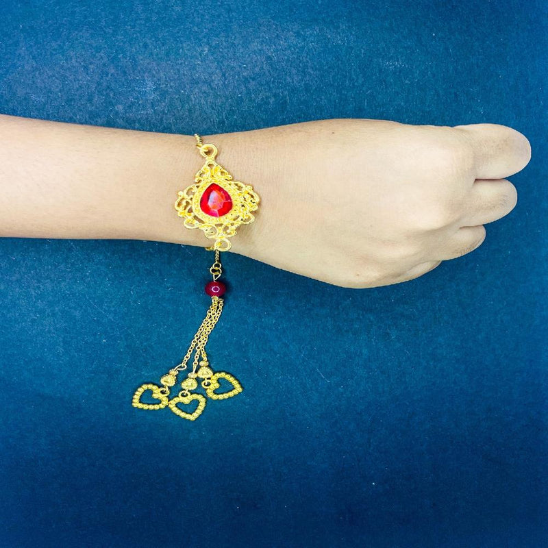 Mahi Gold Plated Red Crystals Studded Simple and Classic Lumba Rakhi for Bhabhi (RAL1100803G)