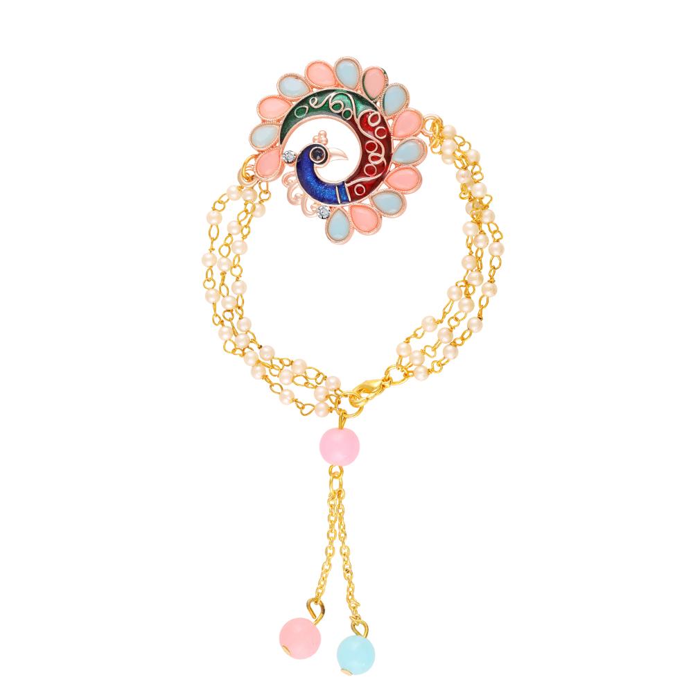 Mahi Multicolor Peacock-Shaped Lumba Rakhi for Bhabhi | Enamel Work Bracelet with Artificial Pearl Chains & Pastel Beads (RAL1100850G)