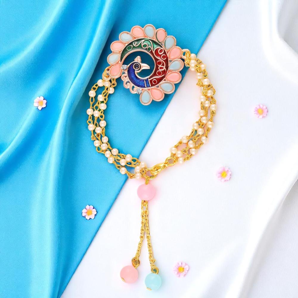 Mahi Multicolor Peacock-Shaped Lumba Rakhi for Bhabhi | Enamel Work Bracelet with Artificial Pearl Chains & Pastel Beads (RAL1100850G)