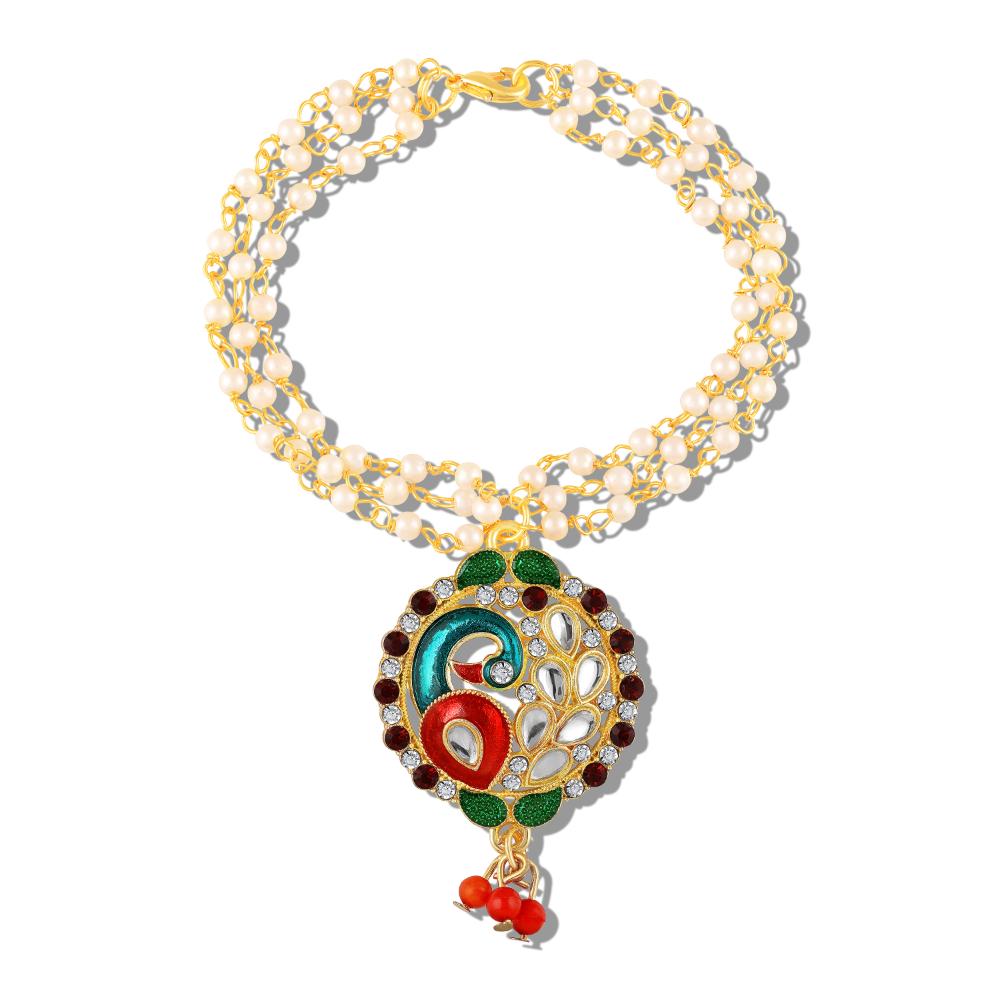 Mahi Traditional Multicolor Peacock-Shaped Lumba Rakhi for Bhabhi | Artificial Pearl Chain Bracelet with Meenakari Work (RAL1100852G)