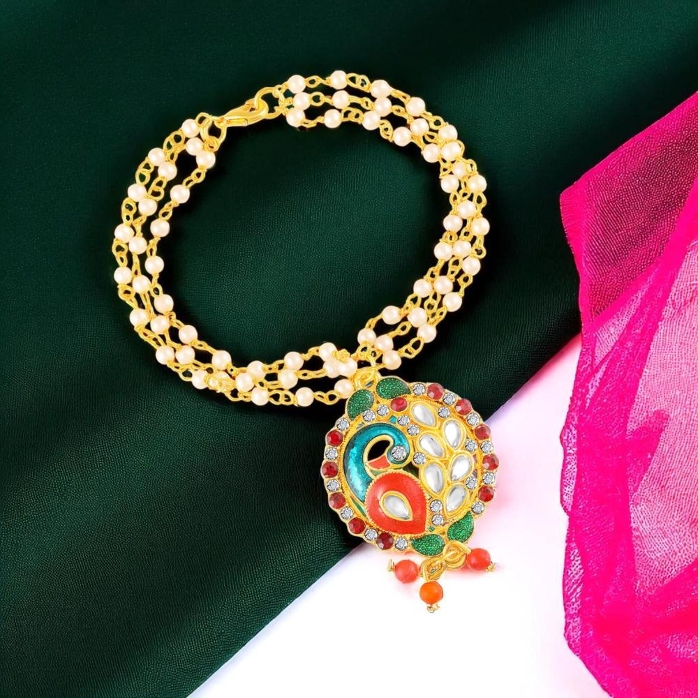 Mahi Traditional Multicolor Peacock-Shaped Lumba Rakhi for Bhabhi | Artificial Pearl Chain Bracelet with Meenakari Work (RAL1100852G)