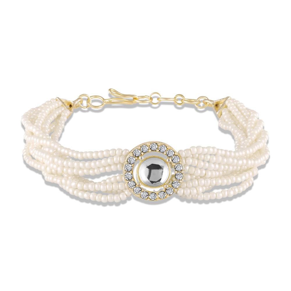 Mahi Elegant White Artificial Pearl Lumba Rakhi for Bhabhi | Multi-Strand Bracelet with Crystal Centerpiece & Gold Finish (RAL1100853G)