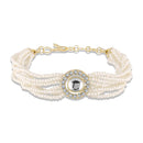 Mahi Elegant White Artificial Pearl Lumba Rakhi for Bhabhi | Multi-Strand Bracelet with Crystal Centerpiece & Gold Finish (RAL1100853G)