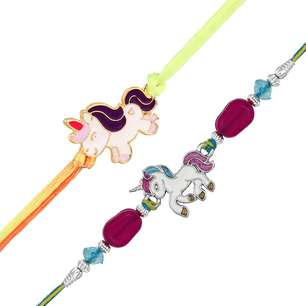 Mahi Combo of 2 Unicorn-Shaped Rakhis with Meena Work Enamel for Chota Bhai, Kids, Brother (RCO1105689M)