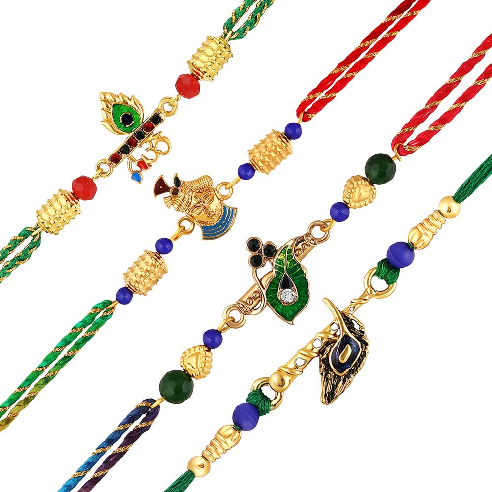 Mahi Set of 4 Multicolored Religious Rakhis Carrying Krishna Playing Flute, Peacock-Feather-Shaped, Krishna Flute for Bhaiya, Brother, Bhai, Bro (RCO1105691G)
