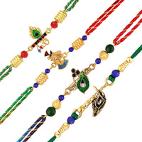 Mahi Set of 4 Multicolored Religious Rakhis Carrying Krishna Playing Flute, Peacock-Feather-Shaped, Krishna Flute for Bhaiya, Brother, Bhai, Bro (RCO1105691G)