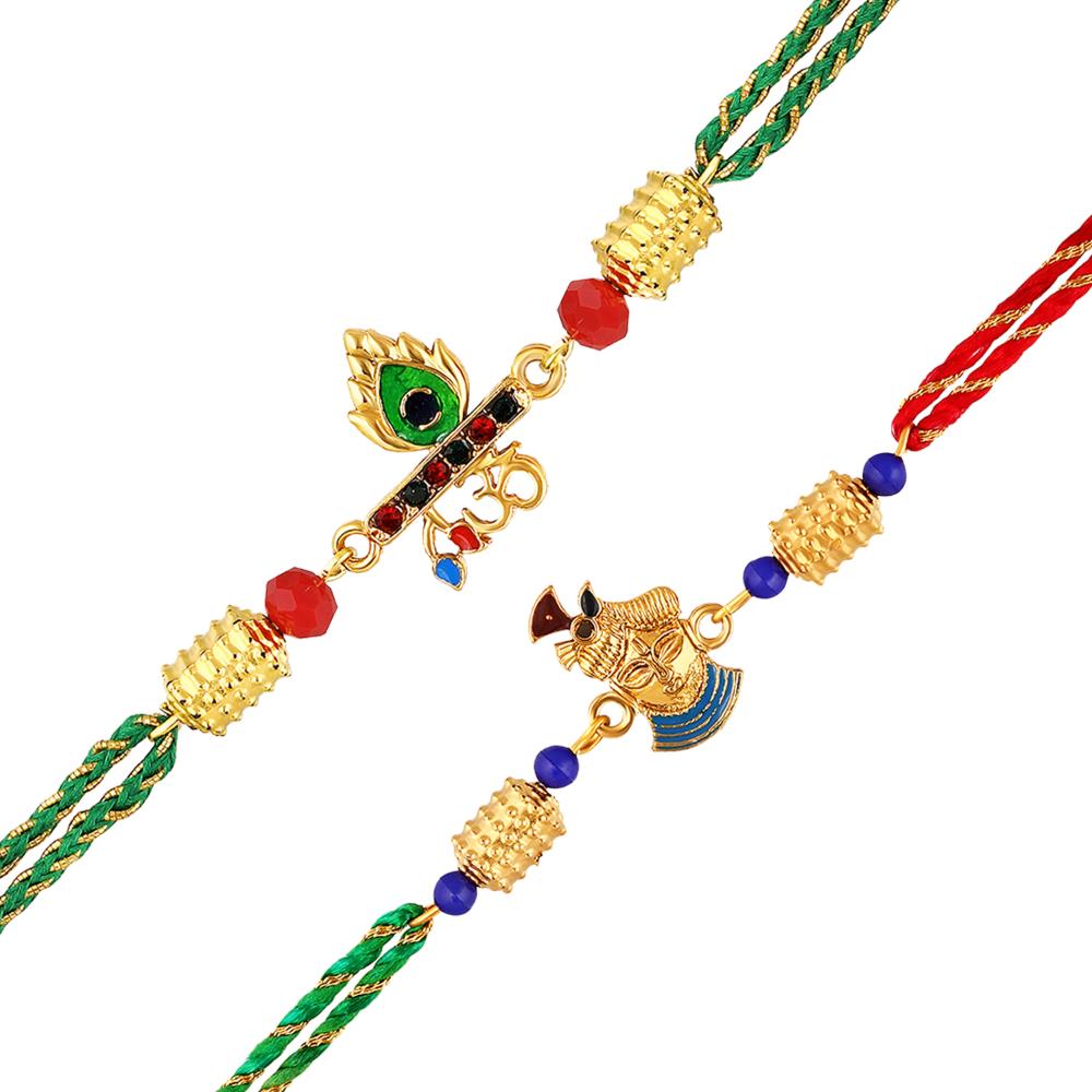 Mahi Combo of OM and Krishna Religious Rakhi with Meenakari Work and Studded Crystals for Bhaiya, Brother, Bhai, Bro (RCO1105692G)