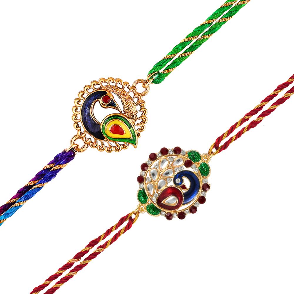 Mahi Combo of 2 Peacock-Shaped Rakhi's with Meenakari Work and Shiny Crystals for Bhaiya, Brother, Bhai, Bro (RCO1105698G)