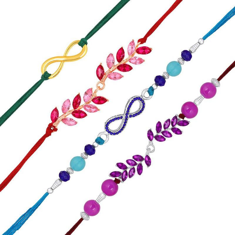 Mahi Combo of 4 Multicolor Crystals Rakhis with Leaf and Infinite Design for Brother, Bhai, Bro (RCO1105709M)