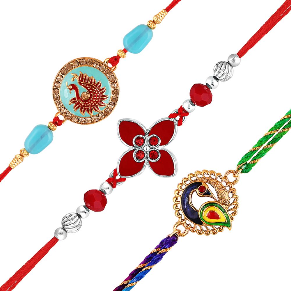 Mahi Combo of Meenakari Work Floral and Peacock-Shaped 3 Rakhi for Brother, Bhai, Bro (RCO1105710M)