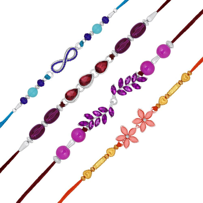 Mahi Combo of 4 Multicolor Crystals Rakhis with Floral, Leaf, Drop and Infinite Design for Brother, Bhai, Bro (RCO1105711M)