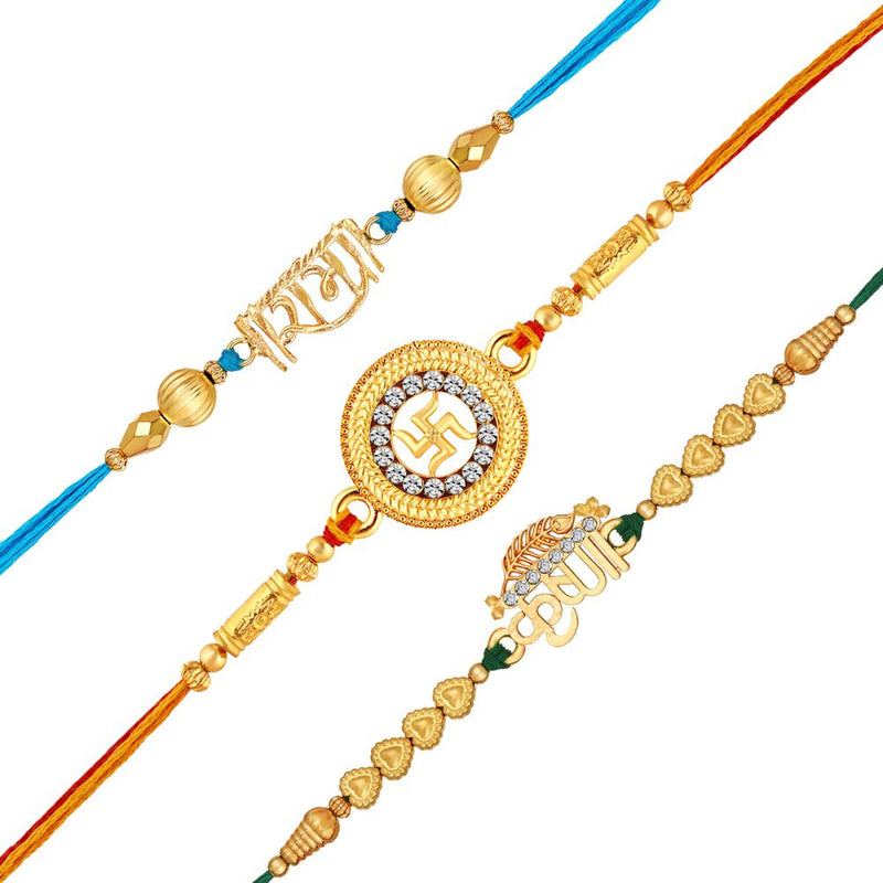 Mahi Gold Plated Religious Combo of Swastik, Rama and Krushana Rakhi for Brother, Bhai, Bro (RCO1105713G)