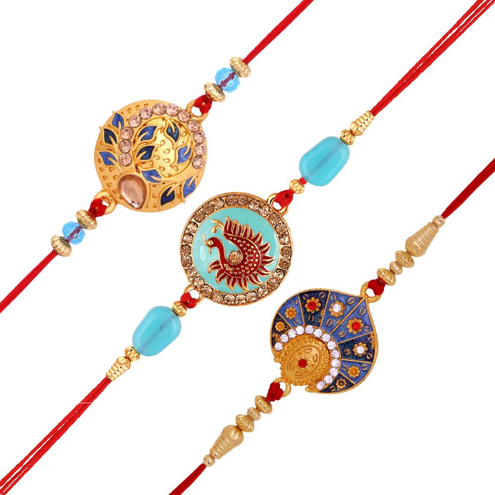 Mahi Combo of 3 Meenakari Enamelled Rakhis with Studded Crystals for Brother, Bhai, Bro (RCO1105715G)