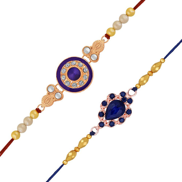 Mahi Combo of 2 Beautifully Crafted Rakhis with Blue Crystals and Meenakari Work for Brother, Bhai, Bro (RCO1105717Z)