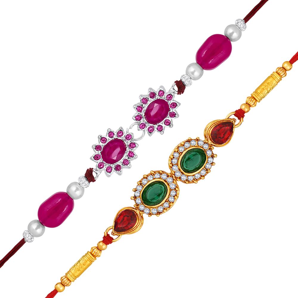 Mahi Combo 2 Multicolor Crystals Dual Floral Rakhis for Brother, Bhai, Bro (RCO1105718M)