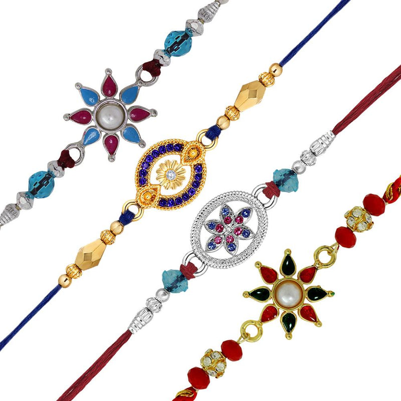 Mahi Combo of 4 Floral Rakhis with Multicolor Crystals for Brother, Bhai, Bro (RCO1105720M)