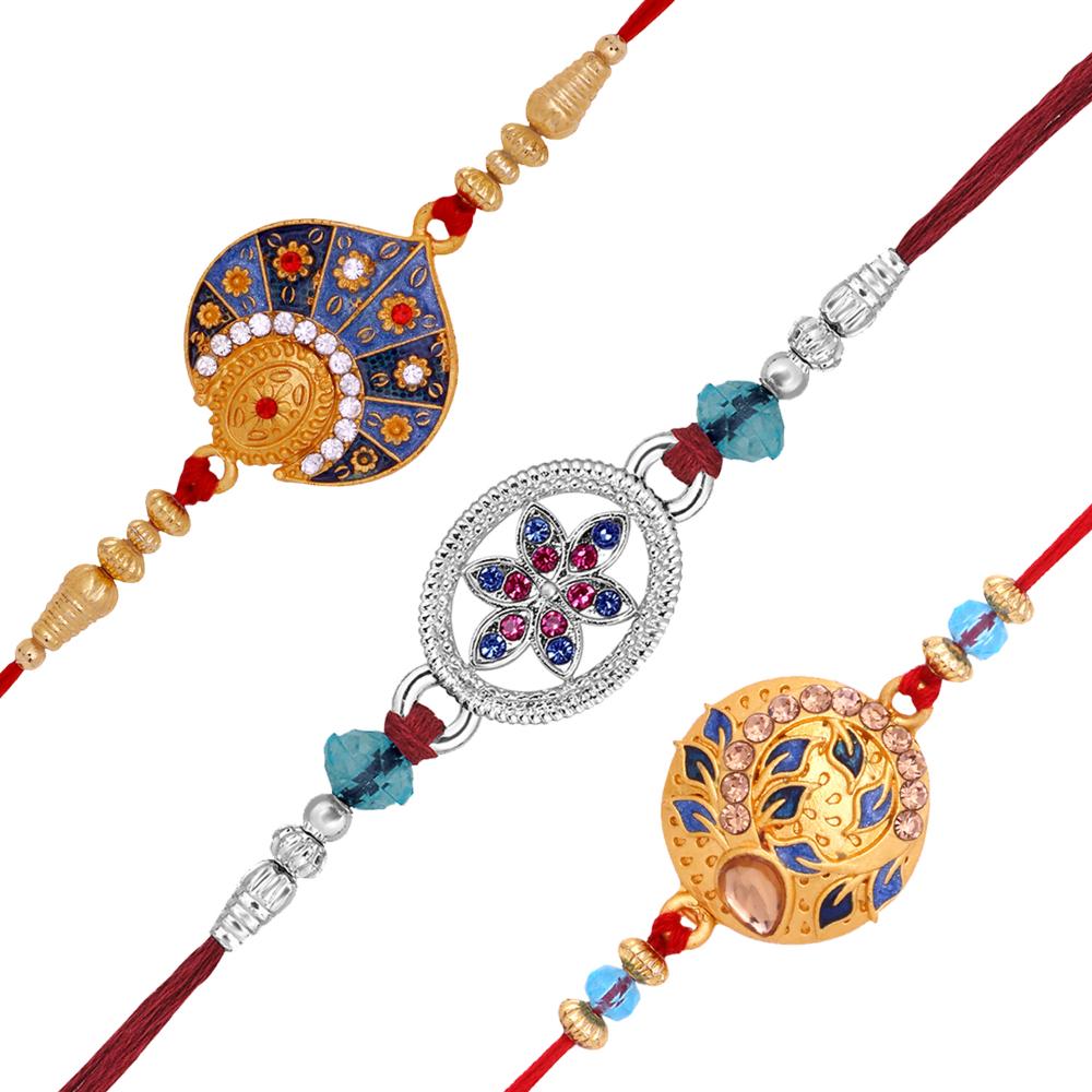 Mahi Combo of 3 Fancy Rakhis with Multicolor Crystals for Brother, Bhai, Bro (RCO1105721M)
