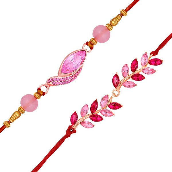 Mahi Combo of 2 Rose Gold Plated Rakhis with Pink and Red Crystals for Brother, Bhai, Bro (RCO1105723Z)