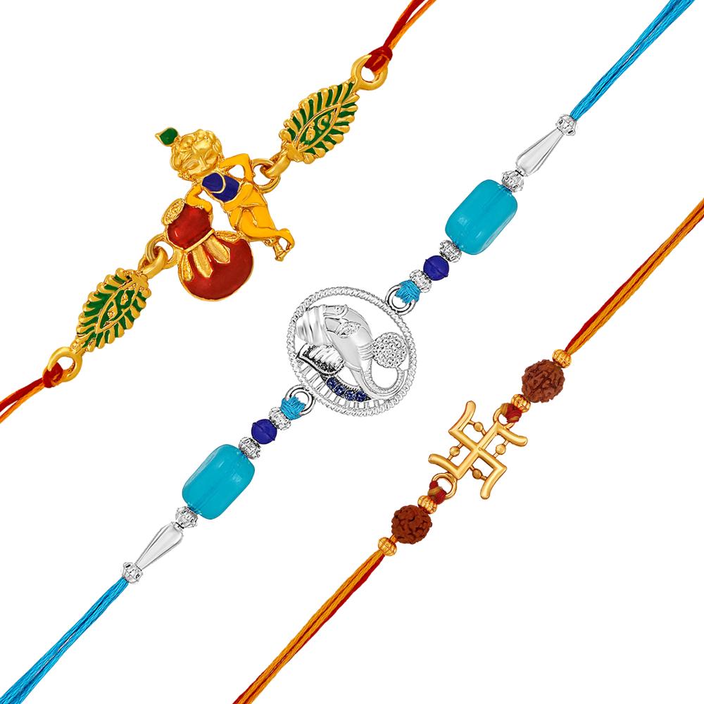 Mahi Religious Combo of OM Ganesha and Swastik Rakhi with Rudraksha and Crystals for Brother, Bhai, Bro (RCO1105724M)