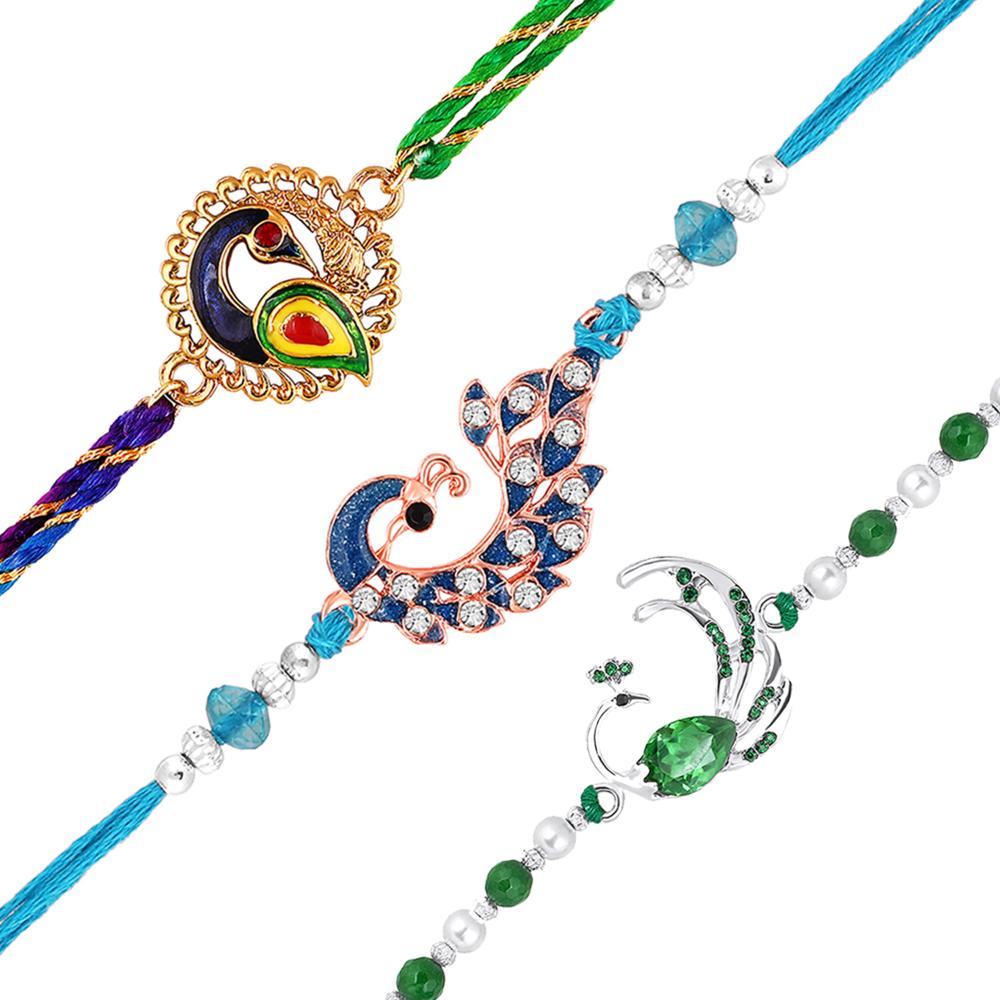 Mahi Combo of 3 Meenakari Work Peacock-Shaped Rakhis with Crystals for Brother, Bhai, Bro (RCO1105726M)
