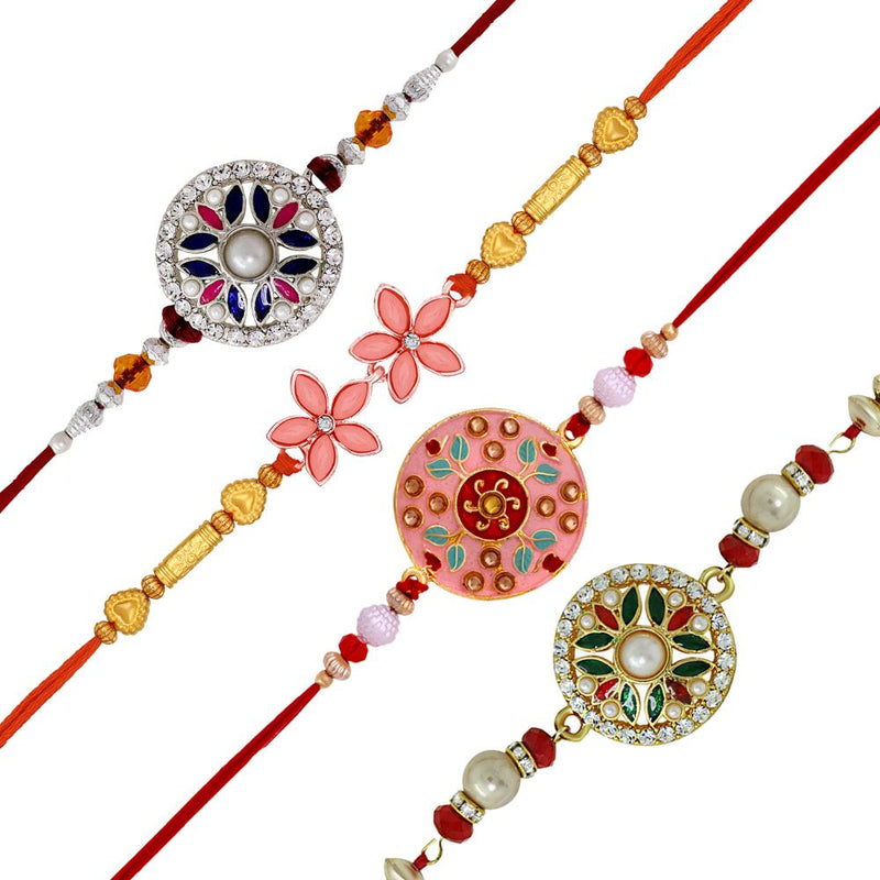 Mahi Combo of 4 Meenaakari Work Floral Rakhis with Multicolor Crystals for Brother, Bhai, Bro (RCO1105727M)