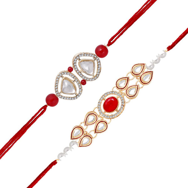 Mahi Gold Plated Classic Kundan Studded Ethnic Thread Rakhi Set for Brother, Bhai, Bro (RCO1105730GRed)