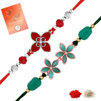 Mahi Floral Trendy Rakhi Combo Set of 2 | Red & Green Crystal Flower Rakhis with Beads for Brother (RCO1105820M)