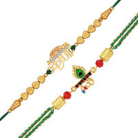 Mahi Spiritual Rakhi Combo Set of 2 for Brother | Golden Krishna and Om Rakhis with Sacred Green Threads & Studded Crystals (RCO1105843G)