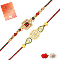 Mahi Traditional Rakhi Combo Set of 2 for Brother | Antique Gold Ganpati Face and Meena Enamel (RCO1105844G)