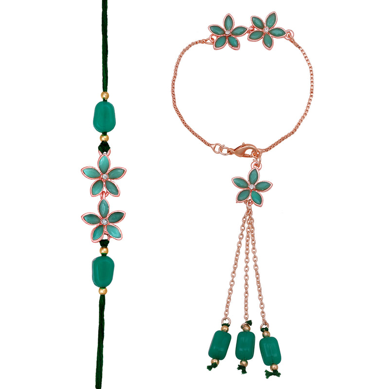 Mahi Green Crystals Floral Lumba and Brother Rakhi Combo for Bhaiya and Bhabhi (RCOL1105520ZGre)