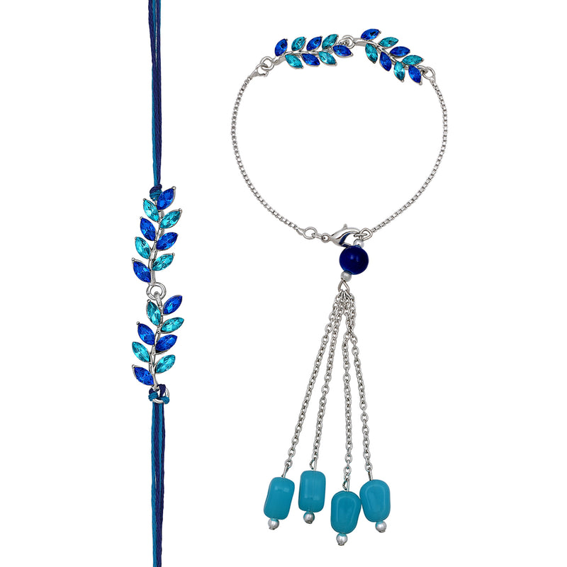 Mahi Light and Dark Blue Leafy Shape Crystals Lumba and Brother Rakhi Set for Bhaiya and Bhabhi (RCOL1105521RBlu)