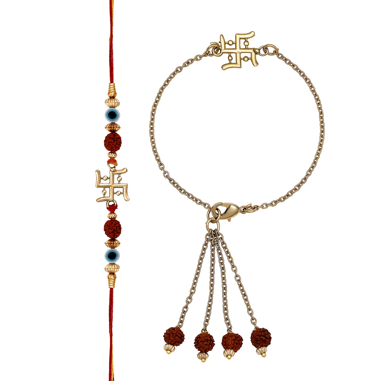 Mahi Swastik and Evil Eye Lumba and Brother Rakhi with Rudraksha Pair for Bhaiya and Bhabhi (RCOL1105544G)
