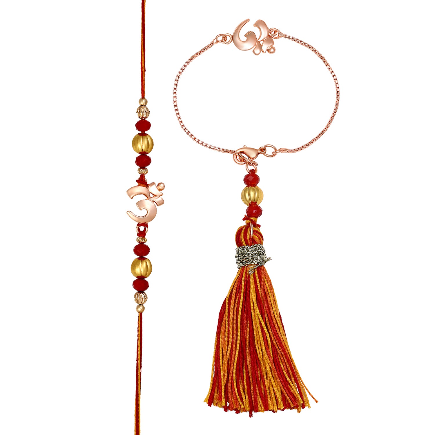 Mahi Rose Gold Plated Devine OM Lumba and Brother Rakhi Set for Bhaiya and Bhabhi (RCOL1105545Z)