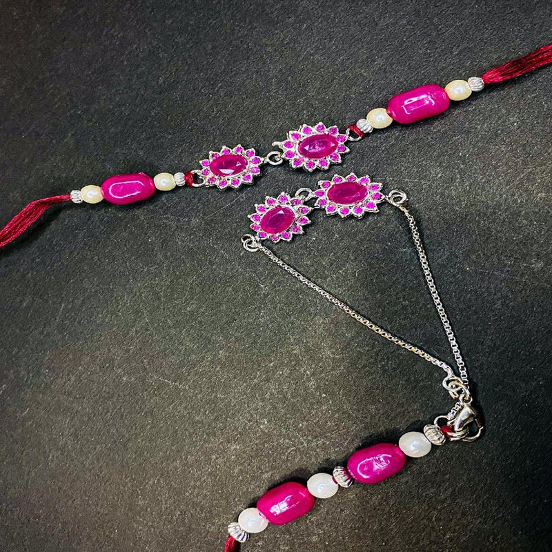 Mahi Pink Crystals Floral Lumba and Brother Rakhi Set for Bhaiya and Bhabhi (RCOL1105681RPin)