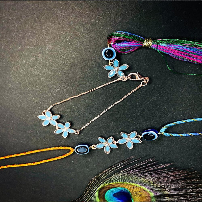 Mahi Blue Crystals Floral with Evil Eye Lumba and Brother Rakhi Set for Bhaiya and Bhabhi (RCOL1105682ZBlu)