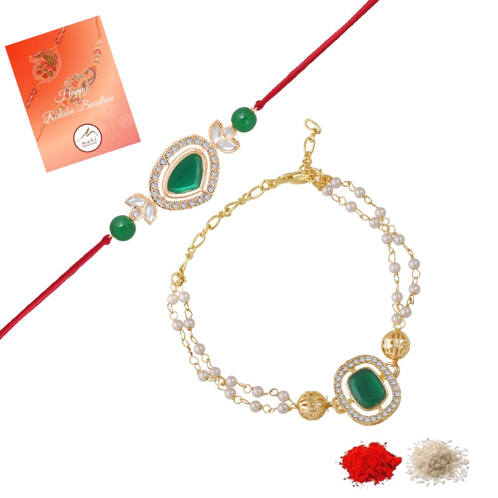 Mahi Gold Plated Classic Kundan and Artificial Pearl Studded Ethnic Couple Rakhi Set for Bhaiya and Bhabhi (RCOL1105728GGre)