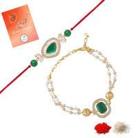 Mahi Gold Plated Classic Kundan and Artificial Pearl Studded Ethnic Couple Rakhi Set for Bhaiya and Bhabhi (RCOL1105728GGre)