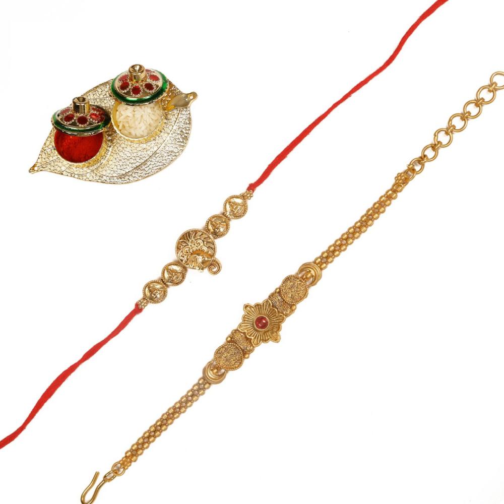 Raddhi Jewels Rajwadi Gold Plated Brass Ruby Stone Glided Floral Design Bhaiya Bhabhi Rakhi Set With Roli Chawal Plate Combo Hamper For Rakshabandhan