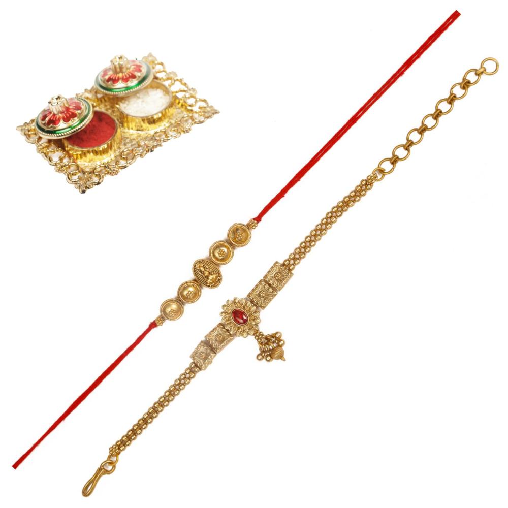 Raddhi Jewels Rajwadi Gold Plated Brass Ruby Stone Glided Floral Design Bhaiya Bhabhi Rakhi Set With Roli Chawal Plate Combo Hamper For Rakshabandhan