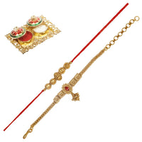 Raddhi Jewels Rajwadi Gold Plated Brass Ruby Stone Glided Floral Design Bhaiya Bhabhi Rakhi Set With Roli Chawal Plate Combo Hamper For Rakshabandhan